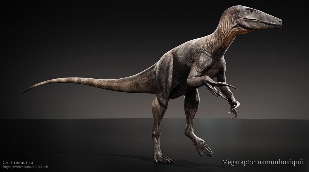 Illustration of a megaraptoran theropod dinosaur with large hand claws in a Cretaceous landscape